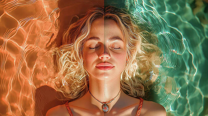 Wall Art - Digital Art - A stylized portrait of a woman with closed eyes, half-submerged in colorful reflective water, symbolizing tranquility and harmony with nature. by Arpan Bhatia