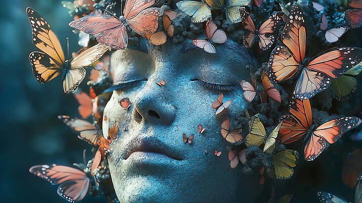 Wall Art - Digital Art - A surreal scene of a serene woman face covered with vibrant butterflies, blending nature and human form. The intricate detail of the butterflies and cracked texture creates a dreamlike, mystical atmosphere. by Arpan Bhatia
