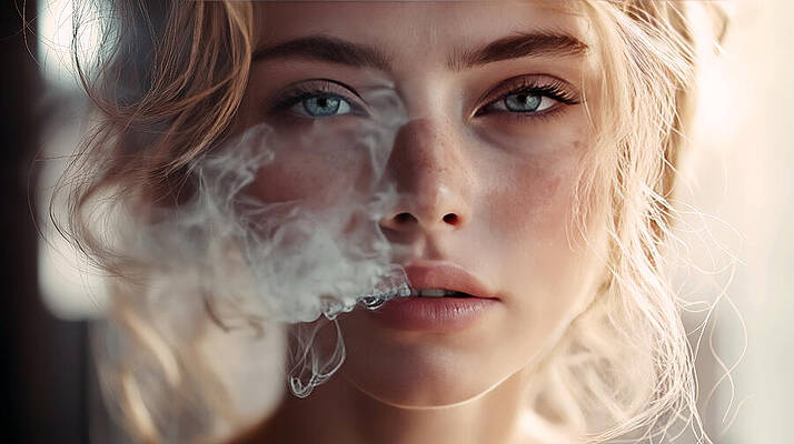Wall Art - Digital Art - A tense, close-up portrait of a woman smoking, with smoke billowing from her mouth and partially covering her face. Her stressed expression captures raw emotion in a shadowed, atmospheric setting. by Arpan Bhatia