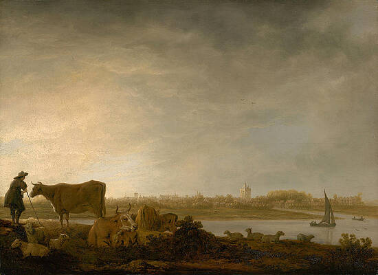 A View of Vianen with a Herdsman and Cattle by a River Print by Aelbert Cuyp