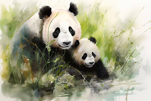 Wall Art - Digital Art - A watercolor artwork of a friendly panda with its cub No 1 by Andre Petrov