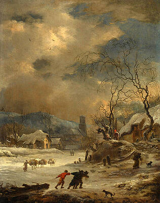 A Winter Landscape With Travellers And Figures Gathering Logs On A Frozen River Near A Village Print by Willem Schellinks