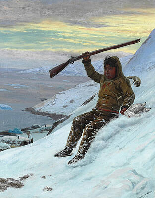 A young Greenlandic grouse hunter is sliding down the mountain Print by Carl Rasmussen