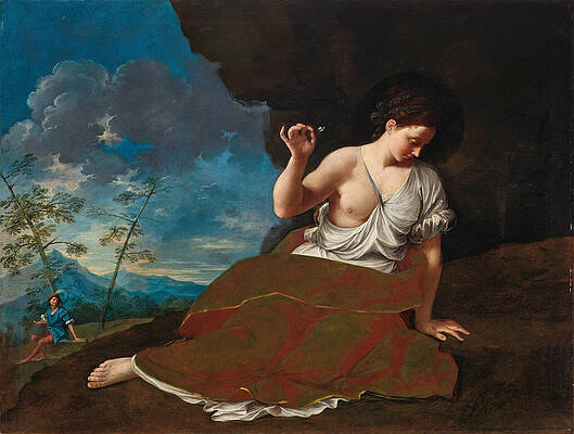 A young woman holding a flower reclining in a landscape, a young man in the distance beyond by Donato Creti A young woman holding a flower reclining in a landscape, a young man in the distance beyond by Donato Creti