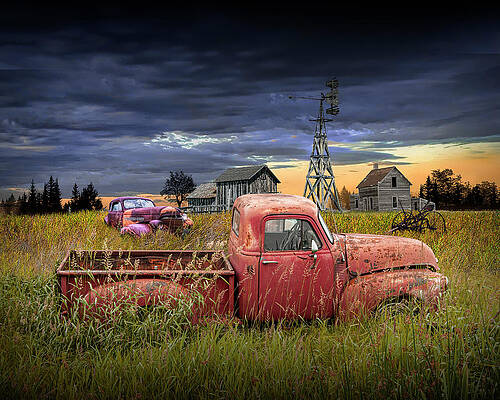 Abandoned Pickup and Auto with Rustic Wooden Barn with Windmill by Randall Nyhof Abandoned Pickup and Auto with Rustic Wooden Barn with Windmill by Randall Nyhof