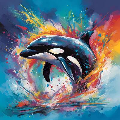Wall Art - Digital Art - Abstract artwork of an orca leaping out of the water with splashes by Andre Petrov