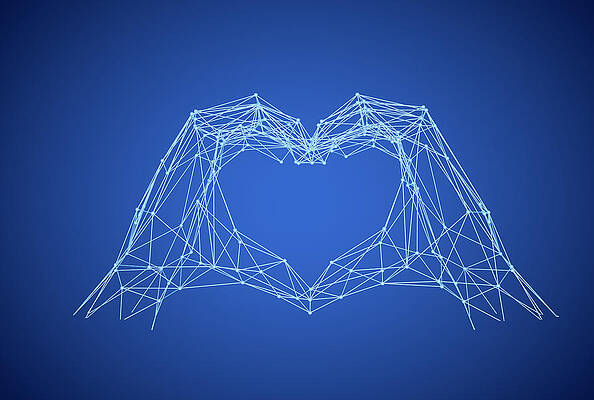 Abstract hand heart shape background with plexus effect digital data and big data concept. 3D surfac by Ahmet Aglamaz