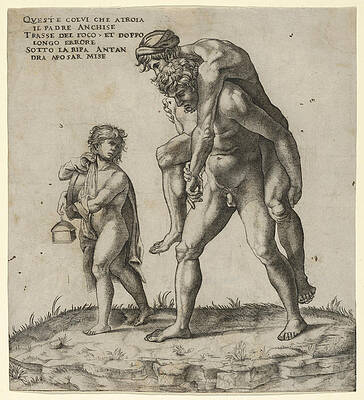 Aeneas Rescuing Anchises, A Young Boy Carrying A Lantern At Left Print by Giovanni Jacopo Caraglio
