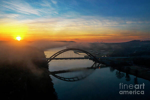 Aerial view of a foggy sunrise greets the 360 Bridge over Lake Austin by Herronstock Prints Aerial view of a foggy sunrise greets the 360 Bridge over Lake Austin by Herronstock Prints