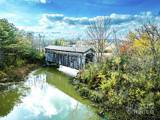 Wall Art - Photograph - Aerial view of covered railroad bridge in East Shoreham, Vermont by Eric Killorin