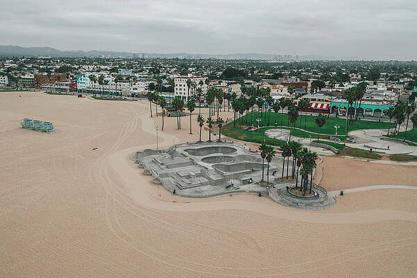 Aerial View of Empty Venice Beach Skatepark morning vibe with no people by Daniel Walther