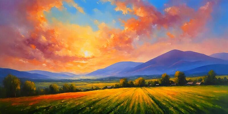 Wall Art - Digital Art - Agricultural land and trees, with mountains in the distance, under a beautiful sunset sky - painting by Nicko Prints