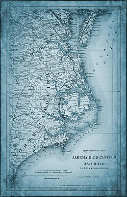 Wall Art - Drawing - Albemarle and Pantego Railroad Vintage Map 1887 Blue by Carol Japp
