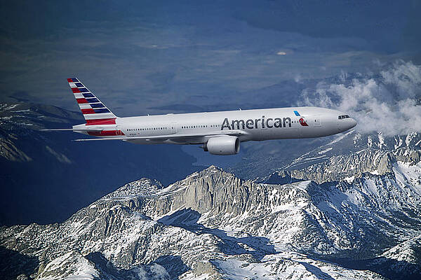 Wall Art - Mixed Media - American Airlines Boeing 777 Over Snowcapped Mountains by Erik Simonsen
