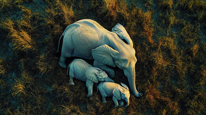 Wall Art - Digital Art - An aerial view of a family of elephants resting in the tall grass. The image showcases the gentle giants and their strong bond. by Arpan Bhatia