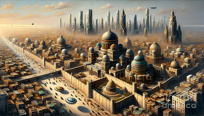 Wall Art - Painting - An ancient, sprawling cityscape viewed from above, with a mix of historical and futuristic architecture by Jeff Creation