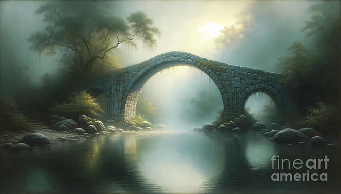 Wall Art - Painting - An ancient stone bridge over a serene pond in a misty morning by Jeff Creation