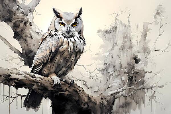 Wall Art - Digital Art - An ink and charcoal sketch of a wise owl perched on an ancient oak tree by Andre Petrov