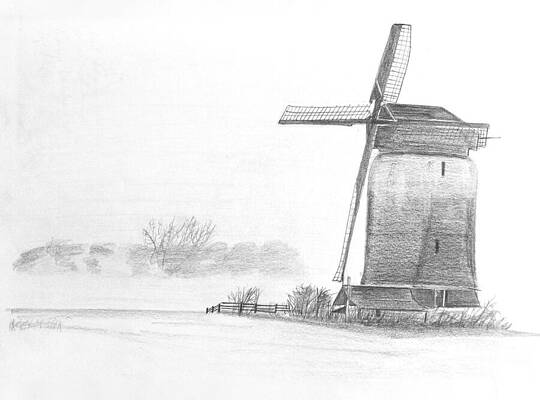 Wall Art - Drawing - An Old Windmill by Michel Cruz-Garcia