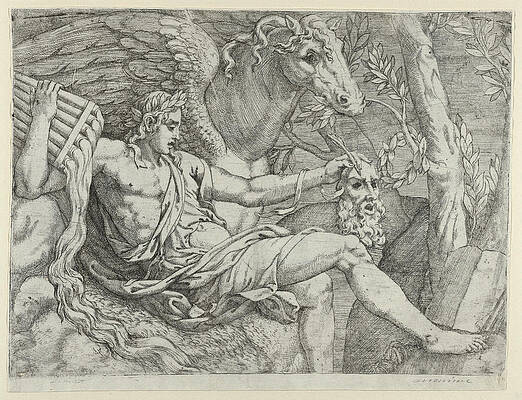 Apollo Holding Pipes In His Right Hand Accompanied By Pegasus Print by Angiolo Falconetto