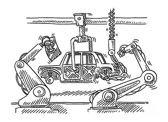 Wall Art - Drawing - Assembly Line Robots Car Production Drawing by Frank Ramspott