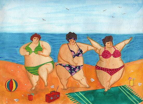 Wall Art - Painting - Beach Boogie Three BBWs Dancing on the Beach by Jo Potocki