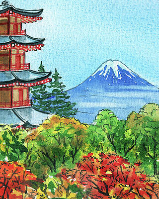 Japanese Pagoda Watercolor Painting by Irina Sztukowski