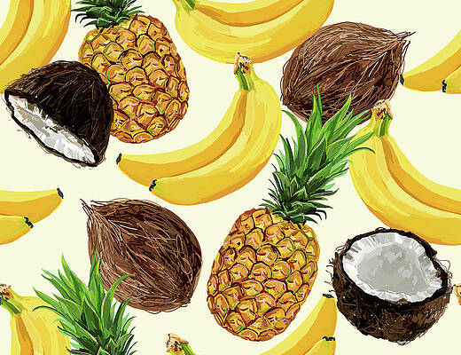 Wall Art - Painting - Beautiful hand drawn pattern with bananas coconuts pineapple by Julien