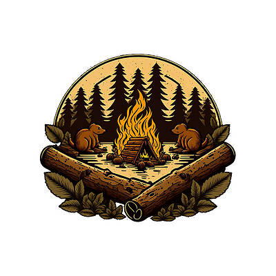 Beavers Sitting Around a Campfire, Logo, Digital Art by David Danji