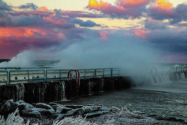 Wall Art - Photograph - Big wave crashing on Lake Huron in early winter in Port Austin Michigan by Eldon McGraw