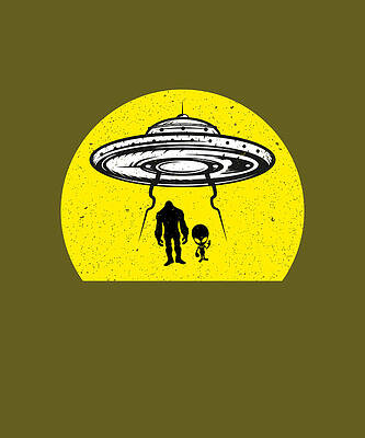 Bigfoot And An Alien With Space Ship Graphic In Yellow Retro by Mohammad Alowairdhi