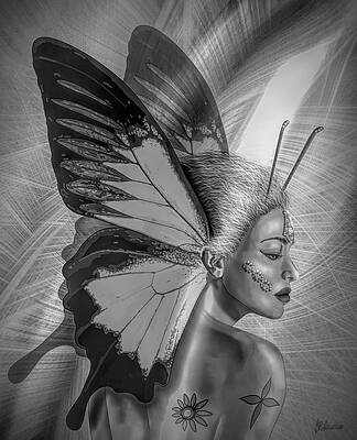 Wall Art - Drawing - Black And White Fairytale Butterfly Woman by Joan Stratton