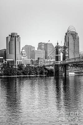 Wall Art - Photograph - Black and White Photo of Cincinnati Skyline and Roebling Bridge by Paul Velgos