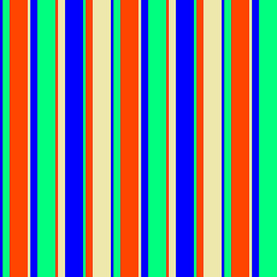 [ Thumbnail: Blue, Green, Red, and Pale Goldenrod Colored Striped Pattern Art Print ]