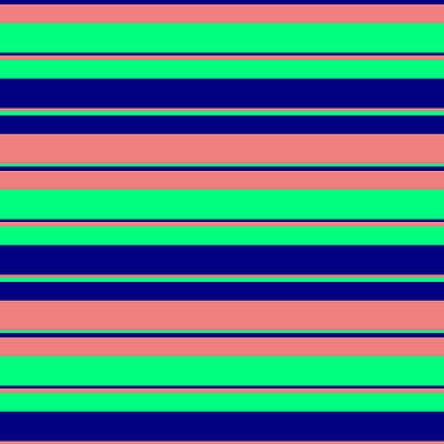 [ Thumbnail: Blue, Light Coral, and Green Colored Lines/Stripes Pattern Art Print ]