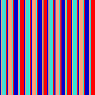 [ Thumbnail: Blue, Light Salmon, Turquoise, and Red Colored Lines/Stripes Pattern Art Print ]