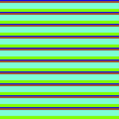 [ Thumbnail: Blue, Sienna, Aquamarine, and Chartreuse Colored Lined Pattern Art Print ]