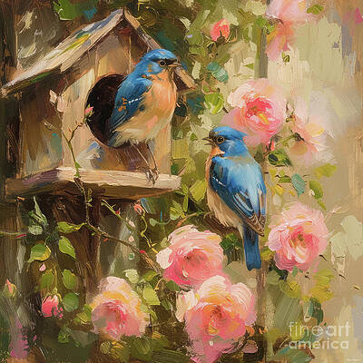 Wall Art - Painting - Bluebirds At The Bird House by Tina LeCour