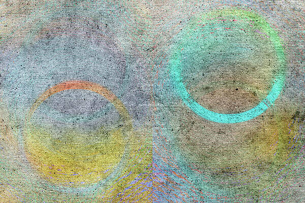 Wall Art - Painting - Bob Orsillo Abstract Painting Textured Circles in Yellow and Cyan on Weathered Grey Background by Bob Orsillo