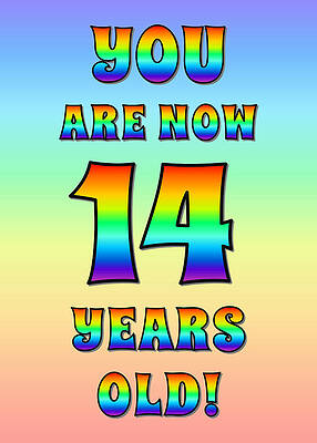 [ Thumbnail: Bold, Exciting, Multicolored Rainbow Spectrum 14th Birthday Greeting Message Art Print ]