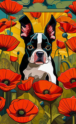 Boston in field of poppies in1920 by Jeff Burgess