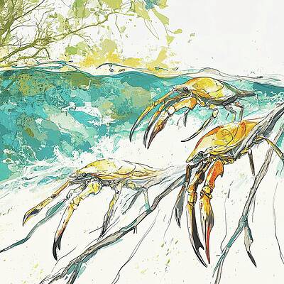 Wall Art - Painting - Branching Out - Two Crabs with Vibrant Orange Shells in Motion by Lourry Legarde