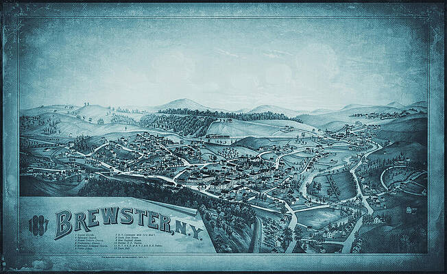 Wall Art - Drawing - Brewster New York Vintage Map Aerial View 1887 Blue by Carol Japp