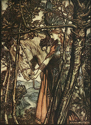 Wall Art - Drawing - Brunnhilde Leads Horse from Rhinegold and the Valkyrie 1910 by Arthur Rackham