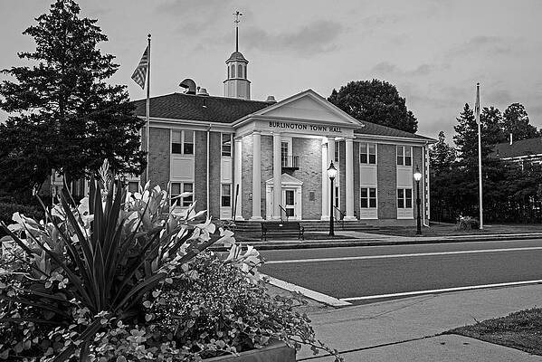 Burlington Massachusetts Town Hall Flowers at Dusk Black and White by Toby McGuire Burlington Massachusetts Town Hall Flowers at Dusk Black and White by Toby McGuire