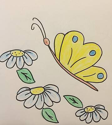 Wall Art - Drawing - Butterfly Hovering Over Flowers by Irina Pokhiton