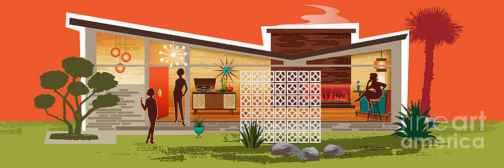 Wall Art - Digital Art - Butterfly Roof Mid-Century Modern House Female Couple Panorama by Diane Dempsey