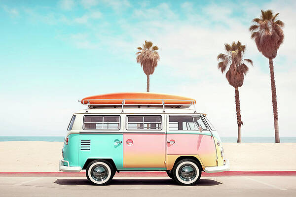 California Wall Art featuring the digital art California Dreaming - VW Van On The Beach by Philippe HUGONNARD