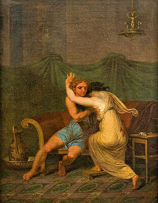 Catullus and Lesbia, who in his arms seek solace for the death of her sparrow Print by Nicolai Abildgaard