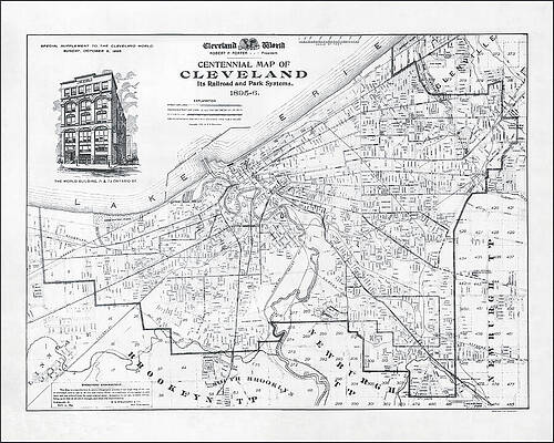 Wall Art - Drawing - Centennial Map of Cleveland - 1895 by Dale Kincaid